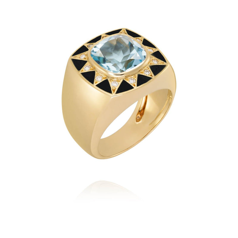 Stella ring black enamel, diamonds and blue Topaze