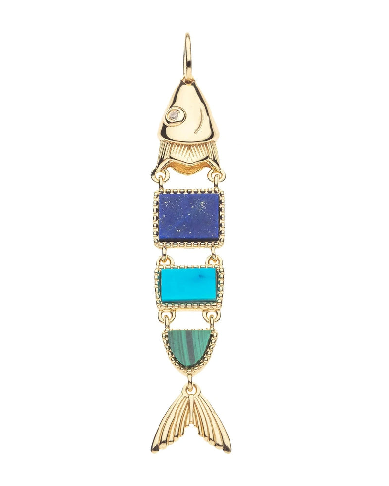 The STRONG Carpe Diem Fish Pendant by Jane Win features a vintage-inspired, segmented gold fish design with a detailed head, two rectangular blue stones, a green semi-circular stone, and gold tail fins.