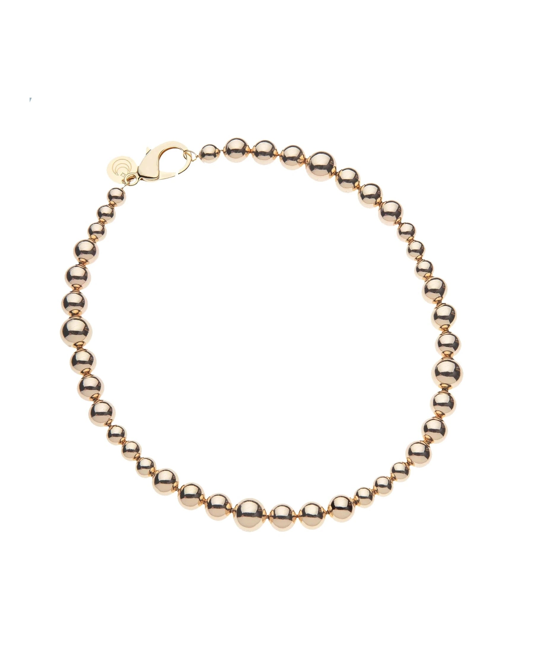 The Jane Win Sun Reflection Beaded Necklace features polished round beads of varying sizes and a lobster clasp, styled to complement Jane Win Pendants, shown on a white background.