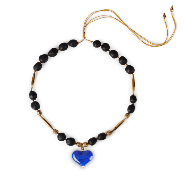 Wood Bead Cuore Necklace - Blue