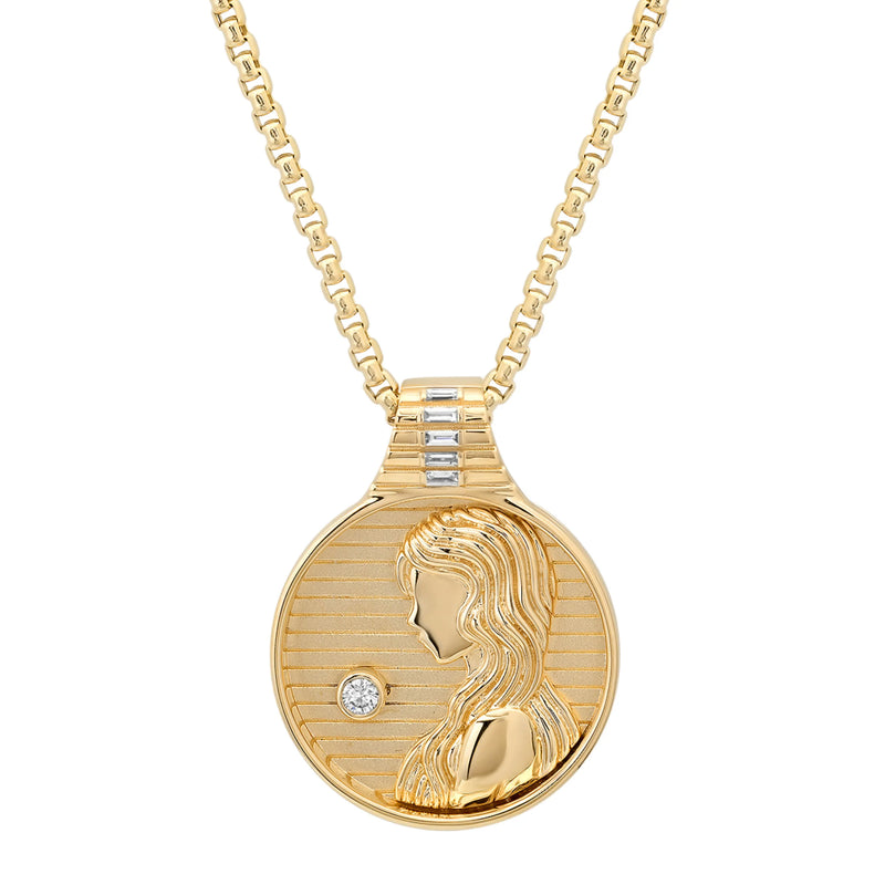 The Helena Rose Zodiac Medallion Necklace features a 14k gold round pendant with a raised female profile, diamond accent, and textured details, hanging from a classic box chain.