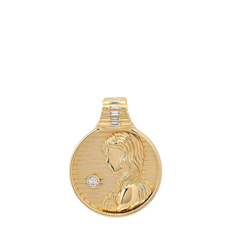 The Helena Rose Zodiac Medallion Necklace is a round 14k gold pendant, featuring a woman’s side profile with flowing hair, a diamond accent, horizontal line details, and rectangular clear stones at the top for an elegant touch.