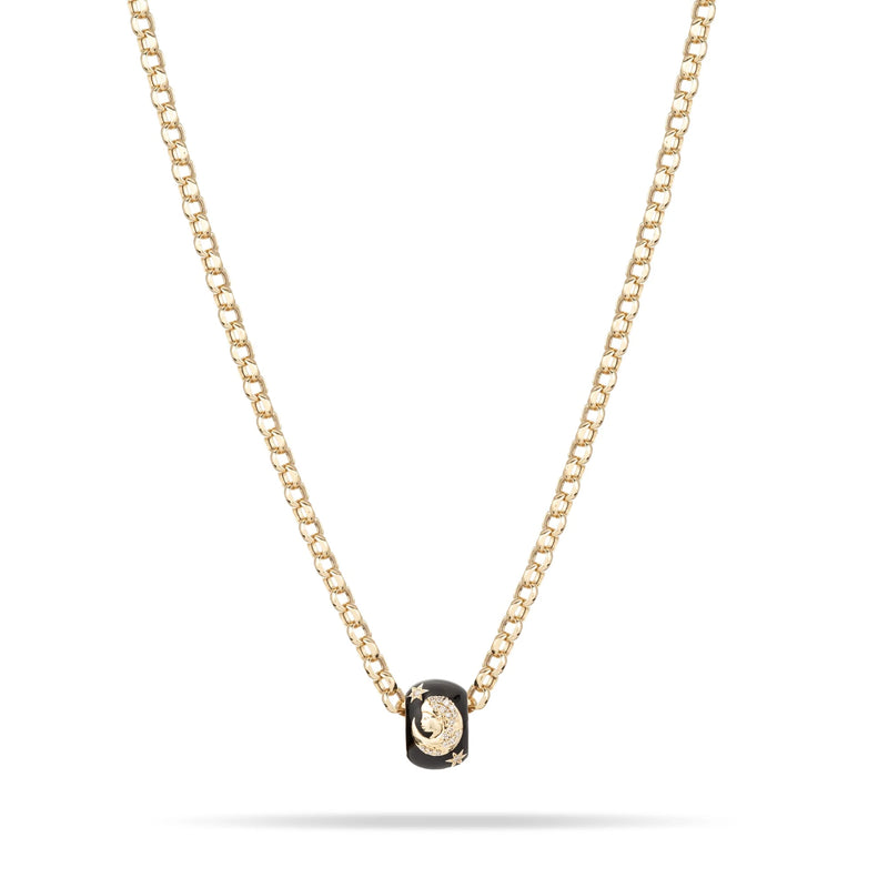 The Adina Reyter Zodiac Ceramic + Diamond Virgo Big Bead features a delicate 14k yellow gold chain with a black ceramic bead accented by a gold crescent moon design and sparkling diamond detail.
