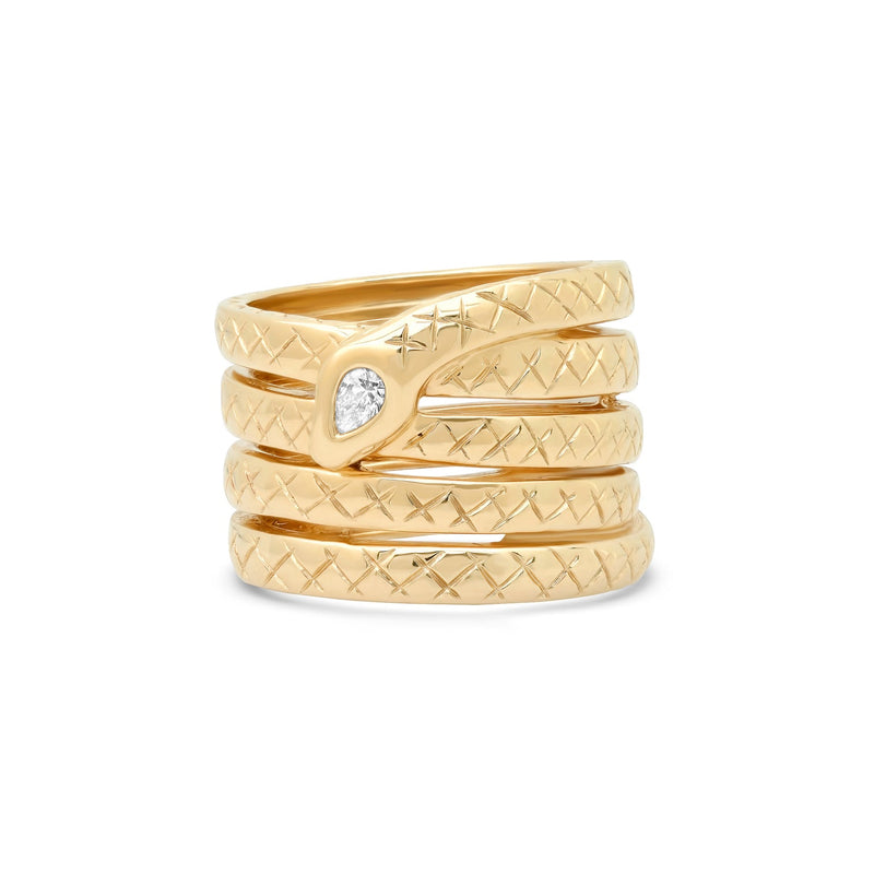 The Veronica Four Coil Serpent Ring by Helena Rose features a textured design with elegant 14k yellow gold coils, crowned with a gleaming pear-shaped diamond on the serpents head.