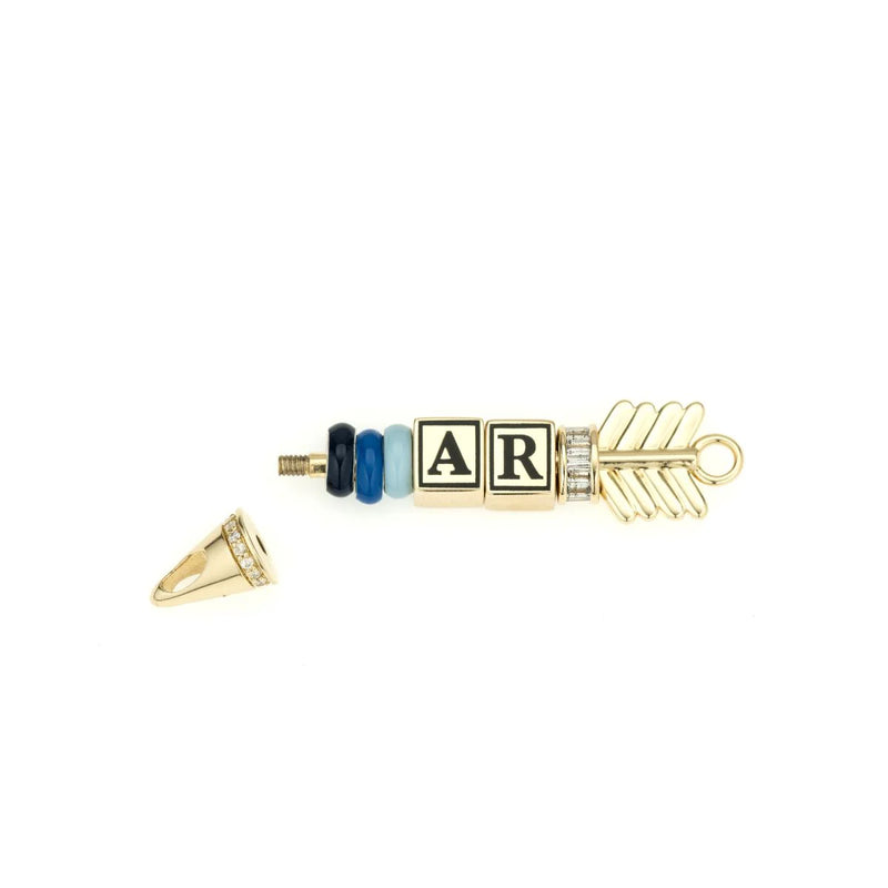 The Adina Reyter Diamond Arrow Hinged Charm for Mini Beads in 14k yellow gold features blue mini beads, clear accents, and letter blocks A and R. The pointed cap is unscrewed and set beside the charm.
