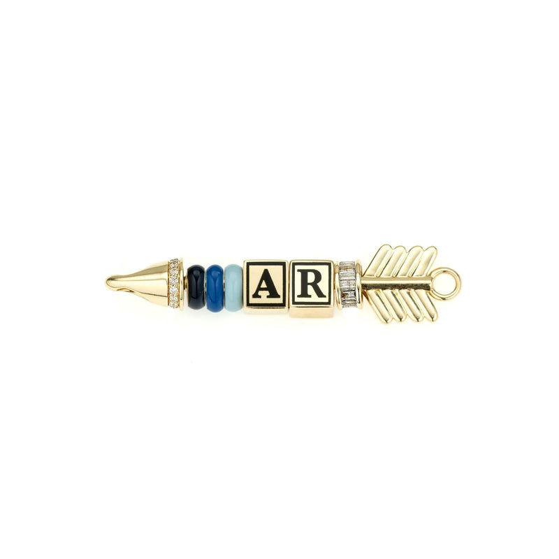 The Adina Reyter Diamond Arrow Hinged Charm for Mini Beads features 14k yellow gold, a pointed tip, blue and black mini beads, and cube beads with A and R. The arrow’s fletching has a loop for easy attachment.