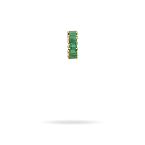 The Adina Reyter Emerald Baguette Big Bead, a small 14k gold hoop earring featuring baguette-cut emerald gemstones, is elegantly displayed against a white background.