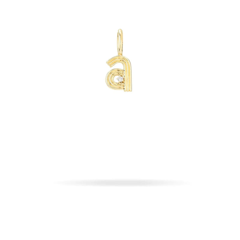 This Adina Reyter Groovy Diamond Initial Mini Bead Charm is a gold pendant shaped like the lowercase letter 'a', crafted from exquisite 9K yellow gold. It features a loop at the top for easy attachment, beautifully standing out against a plain white background.