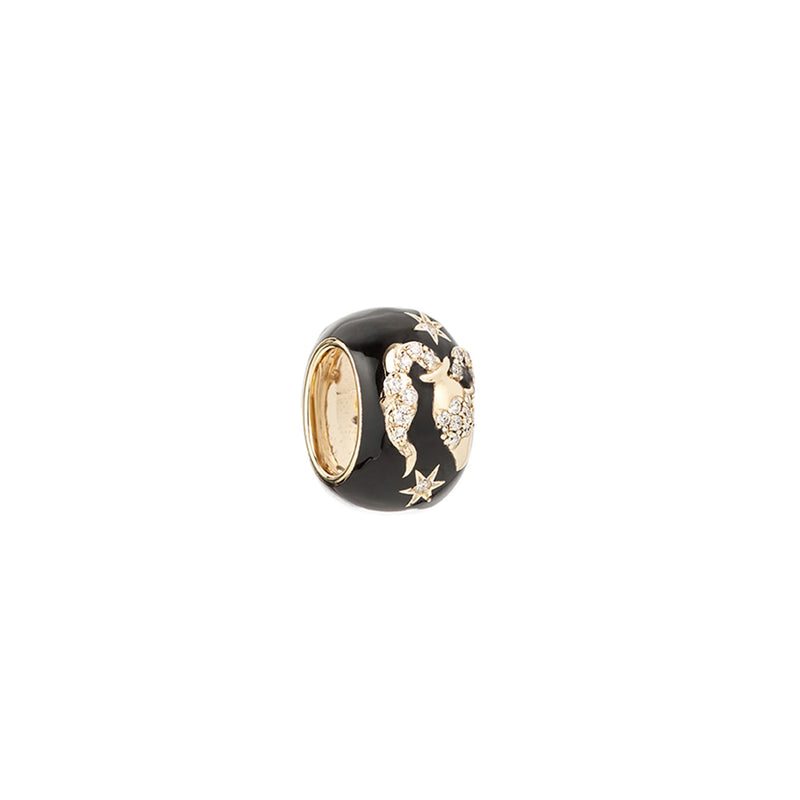 A gold and black ceramic bead charm by Adina Reyter featuring a sparkling diamond zodiac Aquarius symbol with small star accents, named Zodiac Ceramic + Diamond Aquarius Big Bead, on a plain white background.