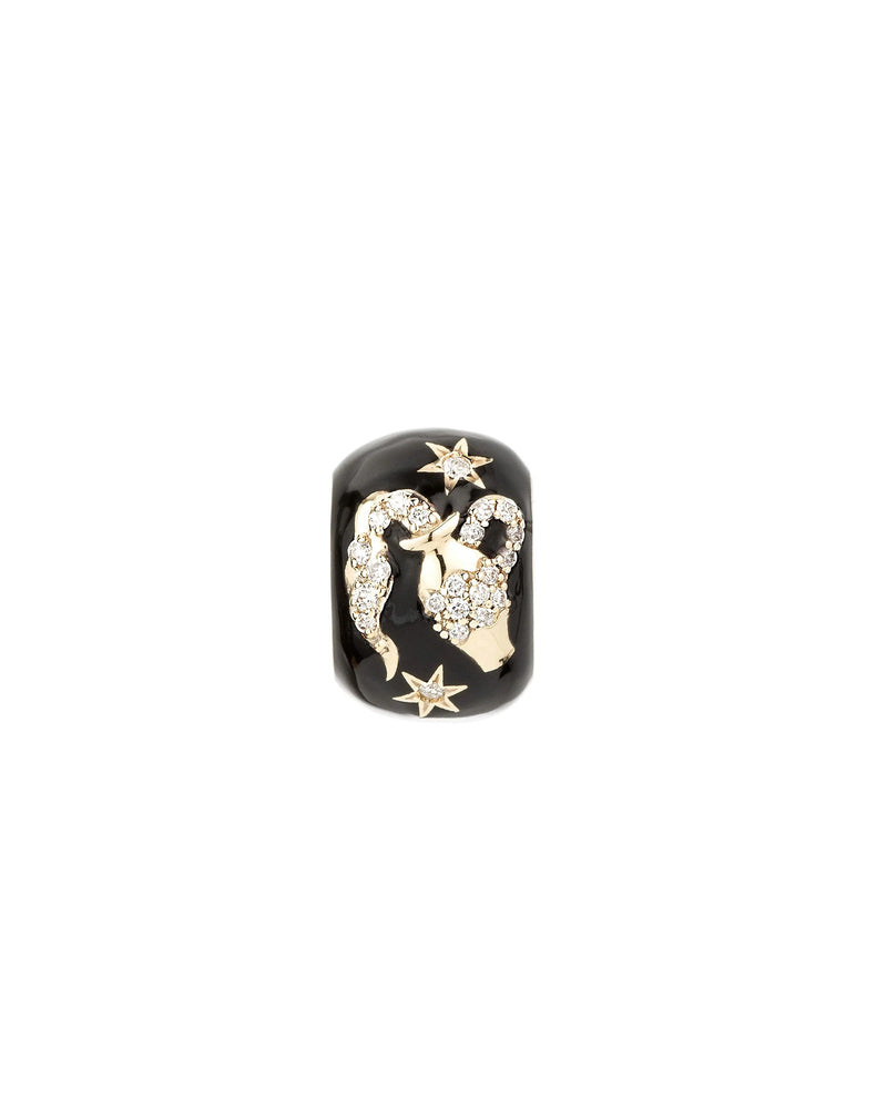 The Adina Reyter Zodiac Ceramic + Diamond Aquarius Big Bead is a black ring with a gold Aquarius symbol, sparkling pavé diamond charms, and two gold stars on each side.