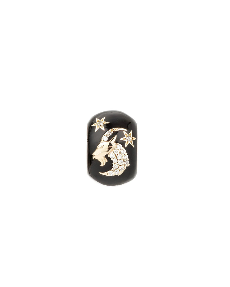 The Zodiac Ceramic + Diamond Capricorn Big Bead by Adina Reyter features black ceramic, a gold Capricorn goat symbol, a pavé diamond crescent moon charm, and two gold stars above.