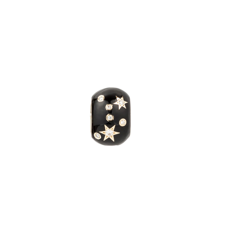 The Adina Reyter Zodiac Ceramic + Diamond Gemini Big Bead features a black, rounded design with diamond and gold star accents, reminiscent of zodiac jewelry, shown on a plain white background.