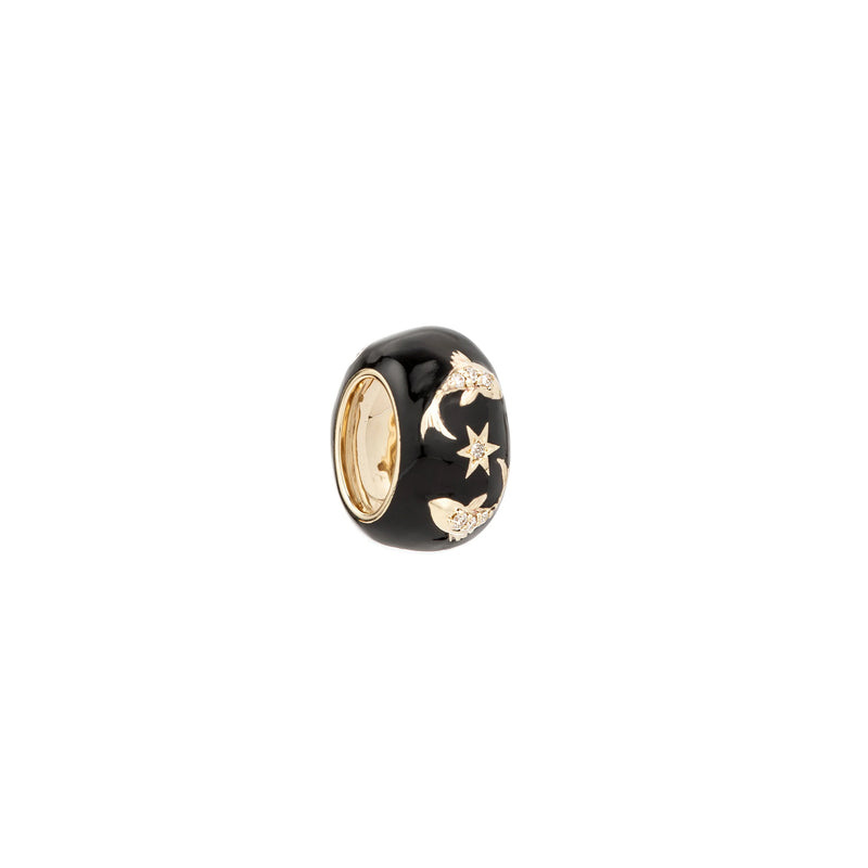 The Zodiac Ceramic + Diamond Pisces Big Bead by Adina Reyter features a sleek black ceramic design with gold crescent moons and stars plus a 14k gold inner ring—a perfect celestial-inspired piece for Pisces jewelry lovers.