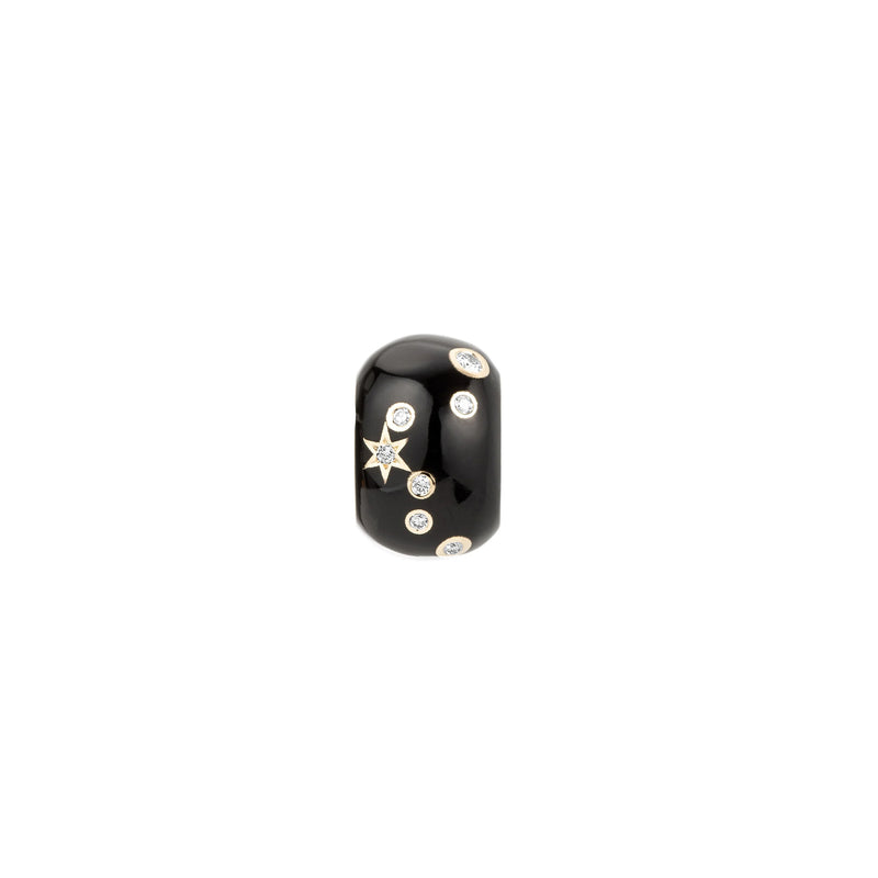 The Adina Reyter Zodiac Ceramic + Diamond Pisces Big Bead features a glossy black curved design with clear circular gemstones and a central star-shaped gem, embodying elegant Pisces jewelry style against a plain white background.