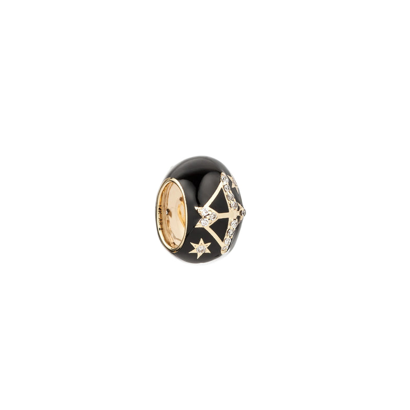 The Zodiac Ceramic + Diamond Sagittarius Big Bead by Adina Reyter is a black, rounded charm featuring gold star and constellation designs with pavé diamond accents, shown on a white background.