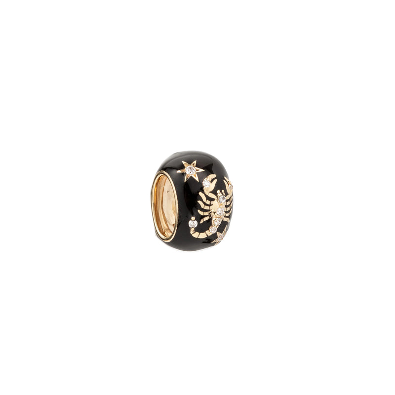 The Adina Reyter Zodiac Ceramic + Diamond Scorpio Big Bead features a black and gold ceramic design adorned with a scorpion, star motifs, and sparkling diamonds—an elegant zodiac charm displayed against a white background.