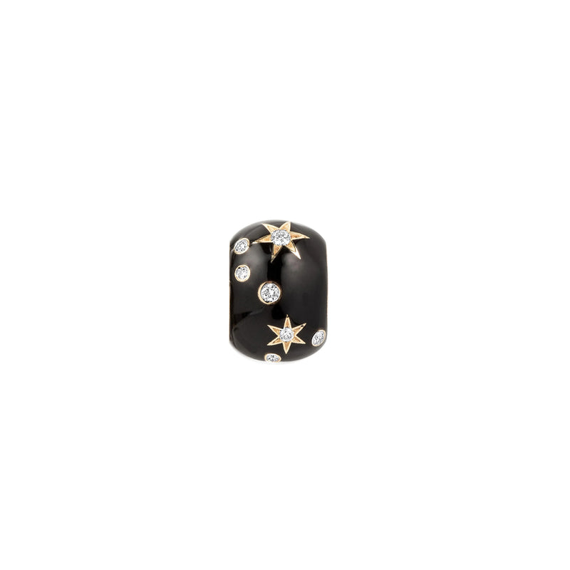 The Adina Reyter Zodiac Ceramic + Diamond Scorpio Big Bead is a black, glossy, curved charm with gold star-shaped accents and sparkling diamond details.