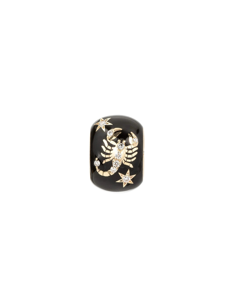 The Adina Reyter Zodiac Ceramic + Diamond Scorpio Big Bead features a black ceramic design with a gold scorpion, diamond accents, and two gold stars—an ideal 14k gold jewelry charm for Scorpio.