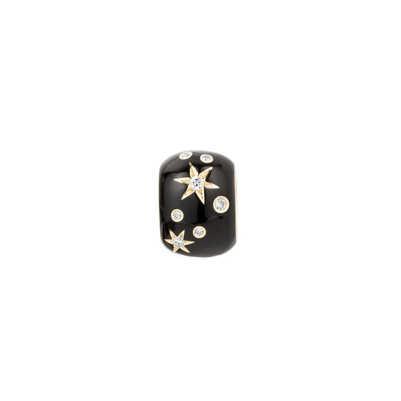 The Zodiac Ceramic + Diamond Taurus Big Bead by Adina Reyter is a black, dome-shaped ring with gold star accents, 14k gold bead details, and small round diamonds, shown on a white background.