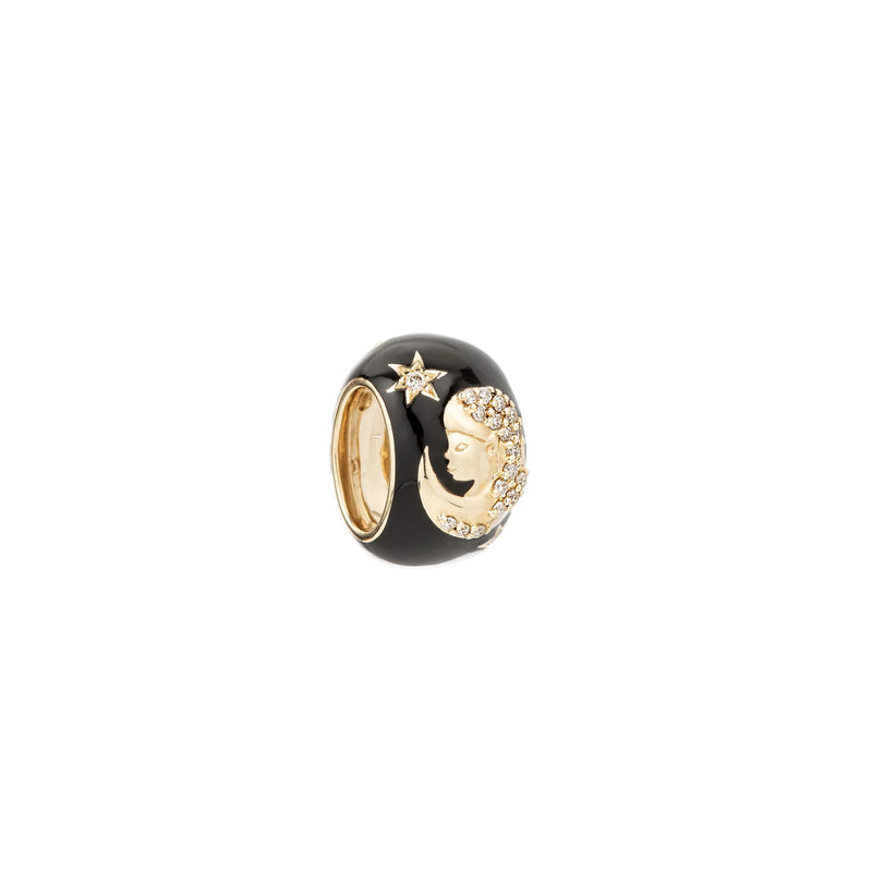 The Adina Reyter Zodiac Ceramic + Diamond Virgo Big Bead features gold and black ceramic, a crescent moon with a womans face accented by pavé diamonds and crystals, plus a star above her forehead.