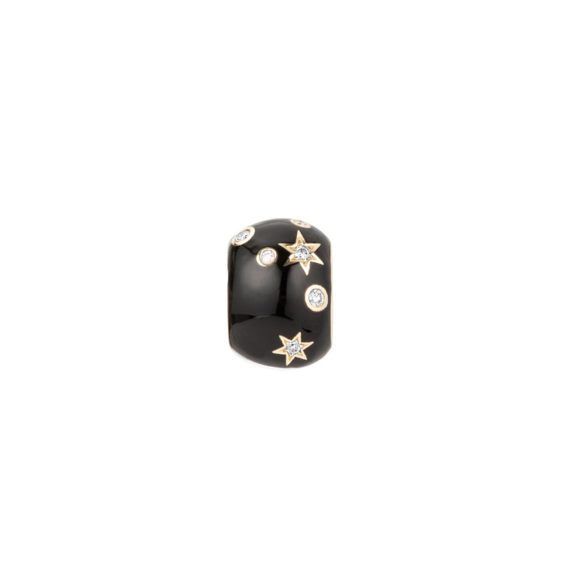 The Adina Reyter Zodiac Ceramic + Diamond Virgo Big Bead features a glossy black dome with 14k yellow gold star accents and pavé diamonds, showcased against a white background.
