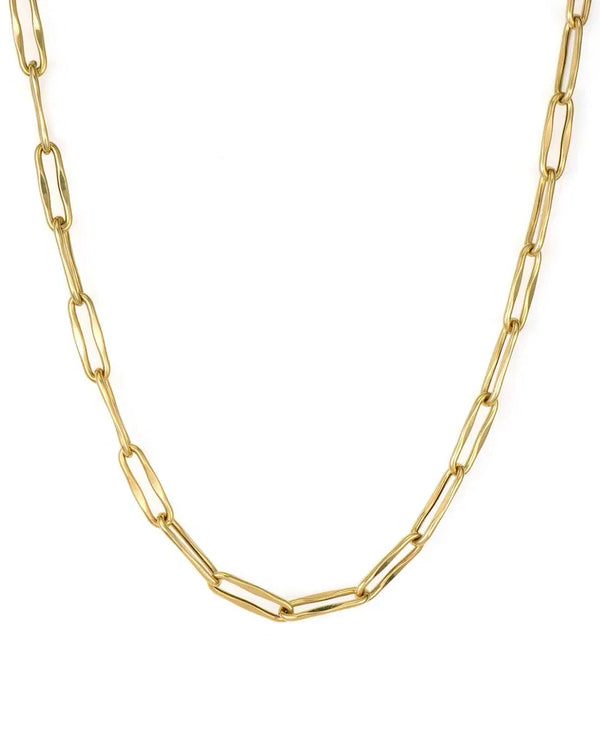 Three Stories Jewelrys Large Wavy Paperclip Chain necklace in 14K yellow gold features bold, oversized links and is shown against a plain white background for a striking statement look.