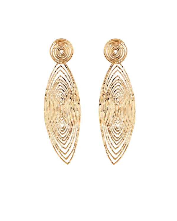 The Longwave earrings large size by gas bijoux are gold-plated drop earrings with concentric oval and circular wire patterns, featuring a circular stud and an elongated oval drop. Handcrafted for a unique, elegant touch.