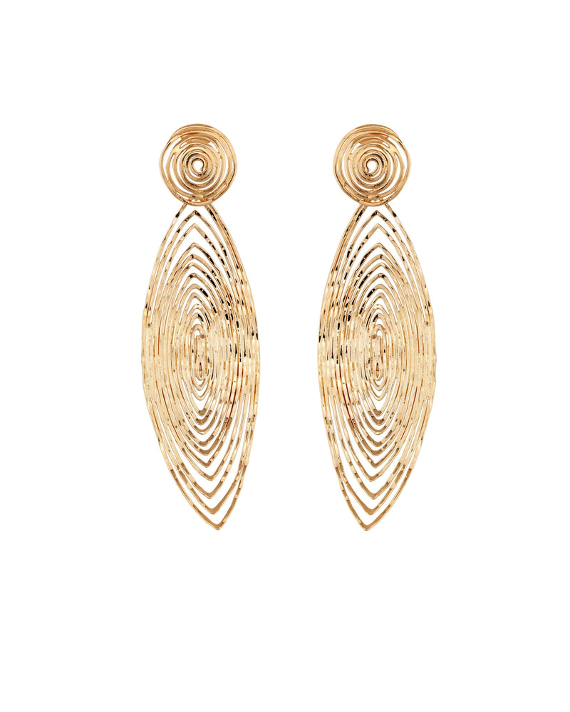 The Longwave earrings large size by gas bijoux are gold-plated drop earrings with concentric oval and circular wire patterns, featuring a circular stud and an elongated oval drop. Handcrafted for a unique, elegant touch.