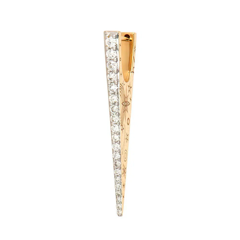The Elongated Diamond "V" Hoop Earring by Three Stories Jewelry features a single 14K yellow gold, spike-shaped hoop with pave diamonds on the front and engraved star designs on the gold surface.