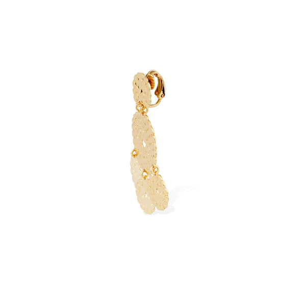 The Lucky sequin earrings small size by gas bijoux are gold-tone drop earrings with three vertically connected, hand-hammered medallions, displayed against a plain white background.