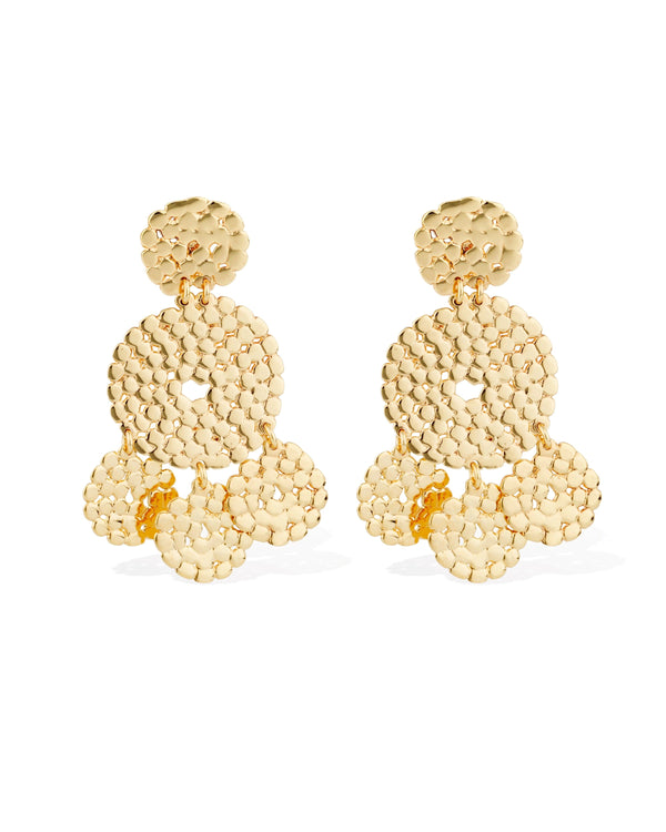The Lucky sequin earrings by gas bijoux are small gold-tone dangle earrings with hand-hammered textured circular medallions, linked in a layered design.