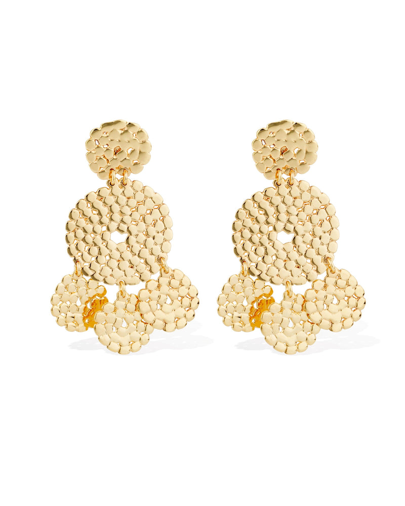The Lucky sequin earrings by gas bijoux are small gold-tone dangle earrings with hand-hammered textured circular medallions, linked in a layered design.