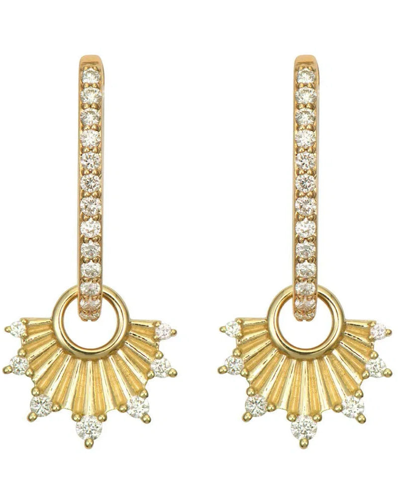 The Delicate Ruffled Fan Charm earrings by Three Stories Jewelry, crafted in 14K yellow gold and diamonds, feature a sunburst design with diamond-studded hoops leading to a radiant fan shape adorned with additional diamond accents for timeless elegance.
