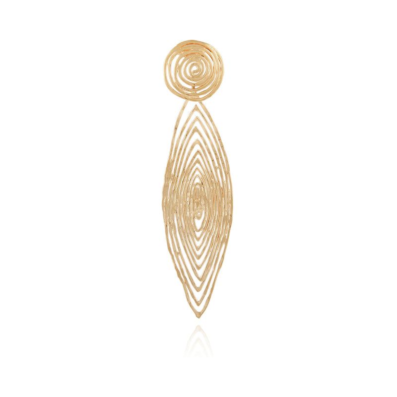 The gas bijoux Longwave earrings (large size) are gold-plated and handcrafted, featuring openwork spiral designs—circular at the top and elongated oval below. Shown against a white background.