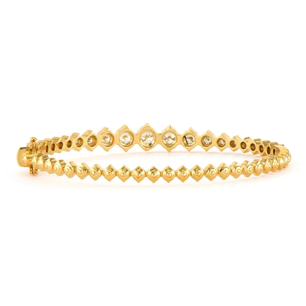 The Show Your Love Graduated Bezel Set Diamond Bangle by Three Stories Jewelry is a stunning 14k yellow gold bracelet with square links, each set with a diamond for a seamless chain. This elegant bangle features a secure clasp and is showcased against a white background.