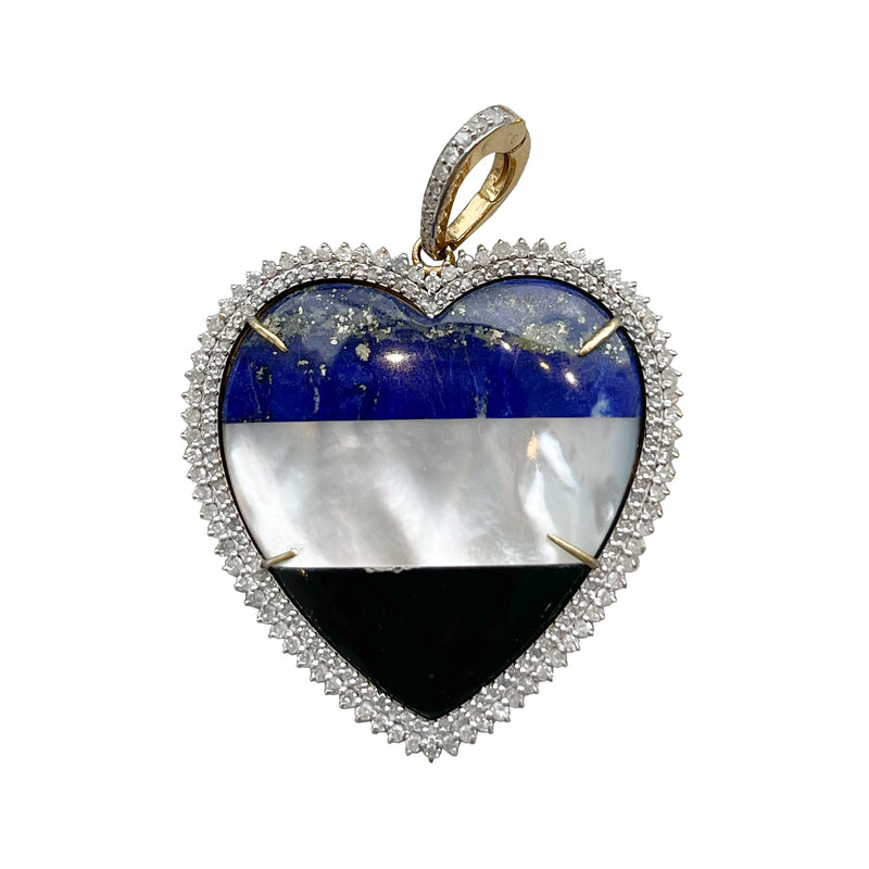 The Woods Striped Heart Pendant features a trio of gemstones: a vibrant lapis lazuli on top, a glossy pearl in the center, and smooth obsidian below, all bordered by shimmering pave diamonds, and gracefully suspended from a gold bail.