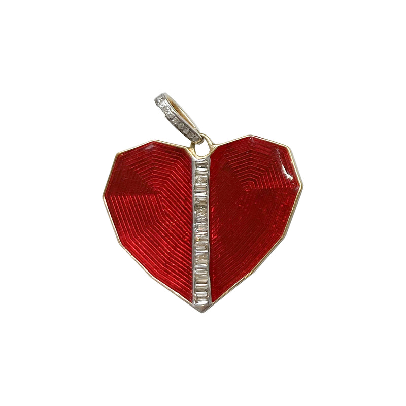 The woods Red Heart pendant features a vibrant red enamel heart with a vertical row of clear baguette gemstones centered in gold, complete with a top loop for a chain.