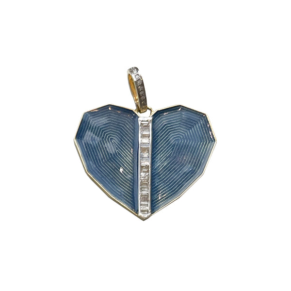 The Woods Blue Enamel Diamond Heart Pendant showcases a unique blue enamel heart design with a vertical line of baguette diamonds, set in a gold frame with a pave diamond bail, adding elegance to any ensemble.