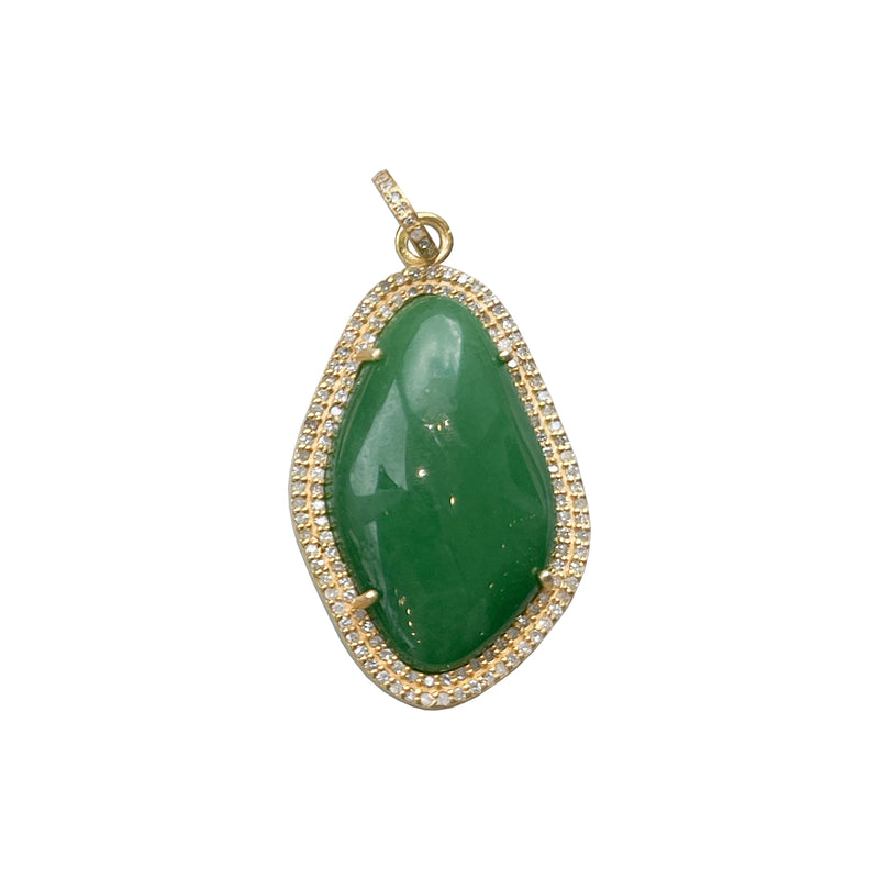 The Woods presents the Green Onyx and Diamond Pendant: a captivating green onyx encased in elegant 10k gold with a halo of sparkling pave diamonds, featuring an irregular shape and a small loop for easy attachment to your favorite chain.