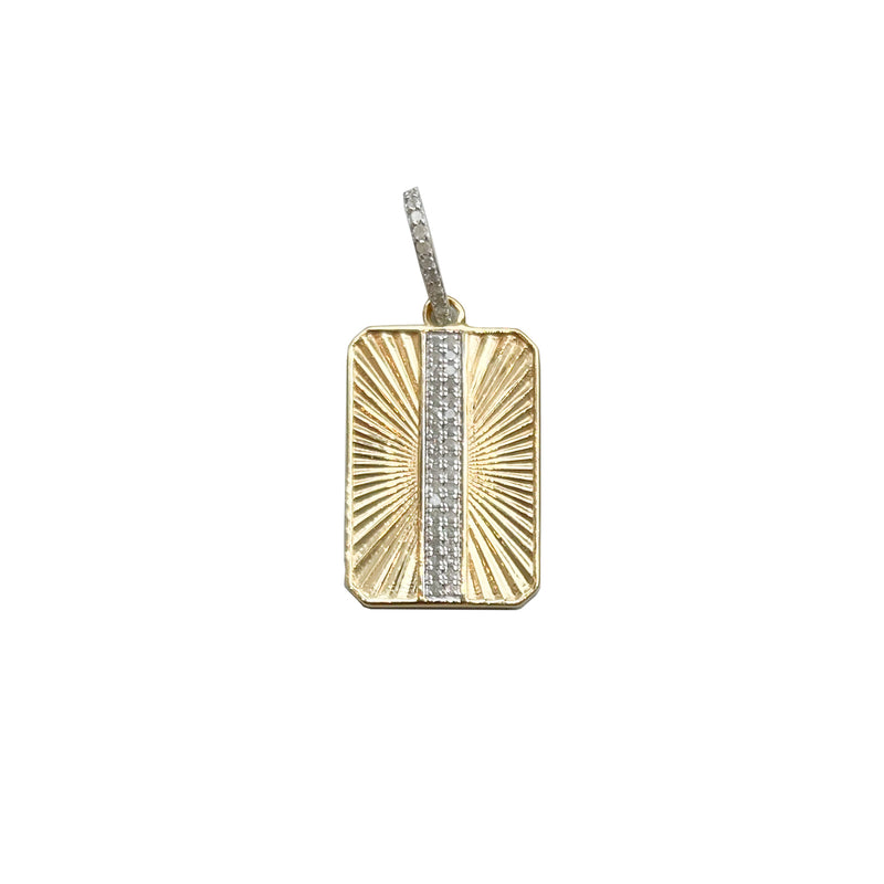 The Woods Gold Rectangle Pendant showcases a sunburst pattern with a vertical stripe of sparkling pave diamonds, set against a textured 10k gold-tone background and featuring a silver-tone loop for attachment.