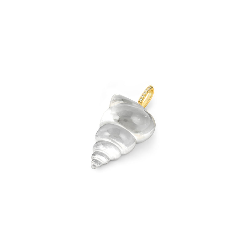 The Crystal Tulip Shell Pendant by Kate Collins Jewelry features a polished silver shell with a 14K yellow gold loop, showcased against a white background.