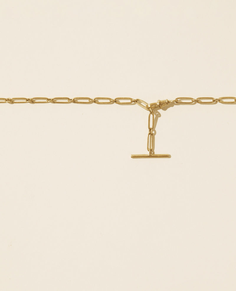 A close-up of the Debbie No. 2 Necklace by Pascale Monvoisin, made of 9K yellow gold with a toggle clasp, hangs horizontally against a beige background. The centrally positioned clasp and elongated links embody its elegant style.