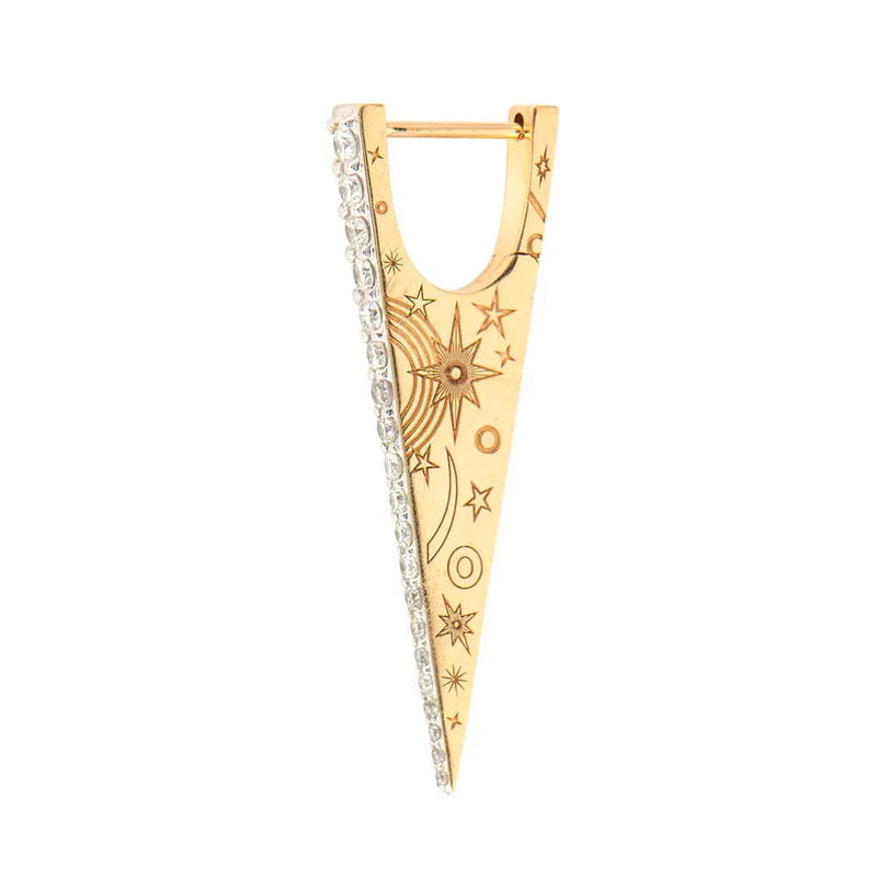 The Elongated Diamond "V" Hoop Earrings by Three Stories Jewelry are 14K yellow gold with etched celestial stars and sun, pave diamond accents along one edge, and a pointed asymmetrical shape for modern elegance.