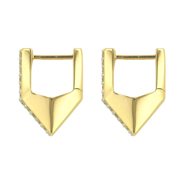 The Geometric Diamond V Hoop by Three Stories Jewelry features a pointed, angular design with clear stones on the edges. Crafted in 14K gold huggie style, these modern earrings offer a sleek look and secure with a hinged closure.