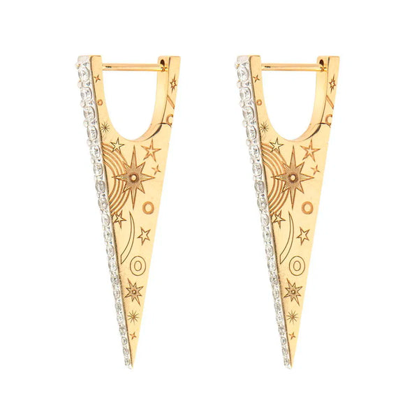 The Elongated Diamond "V" Hoop Earrings by Three Stories Jewelry are 14K yellow gold, triangular hoops with engraved star and sun motifs and a row of sparkling pavé diamonds along one edge.