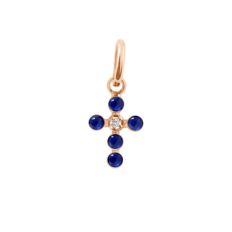 Pearled Cross Diamond Pendant, Lapis, Yellow Gold