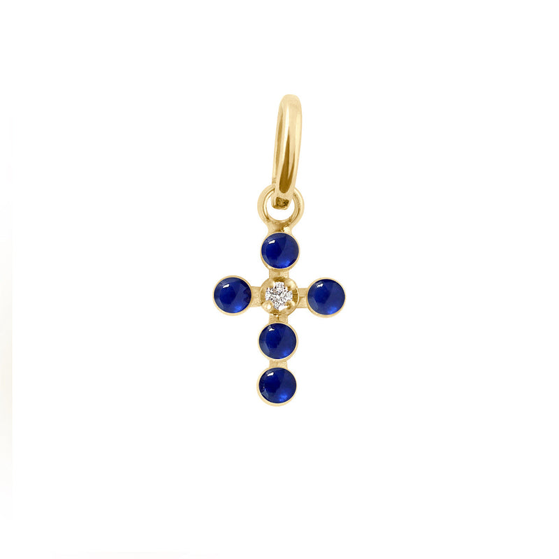 Pearled Cross Diamond Pendant, Lapis, Yellow Gold