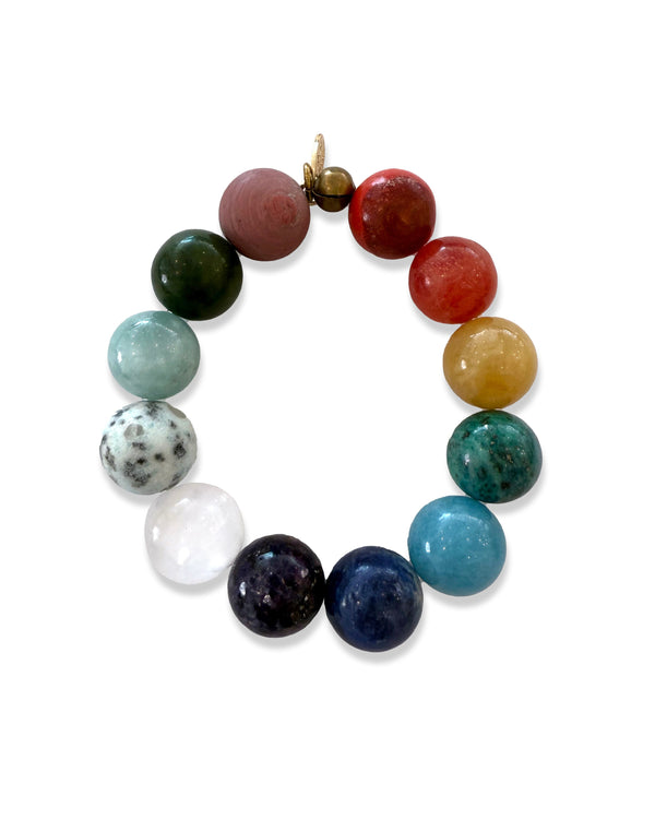 The Monarch Market One of a Kind necklace features twelve round, polished multicolored gemstone beads arranged in a circle with a gold clasp, shown on a white background.