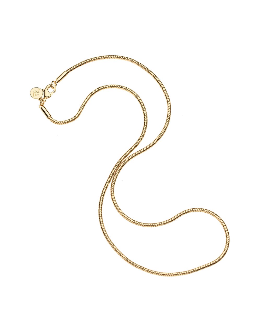 Jane Win Round Snake Chain in 14k gold-plated brass, curved laydown showing clasp