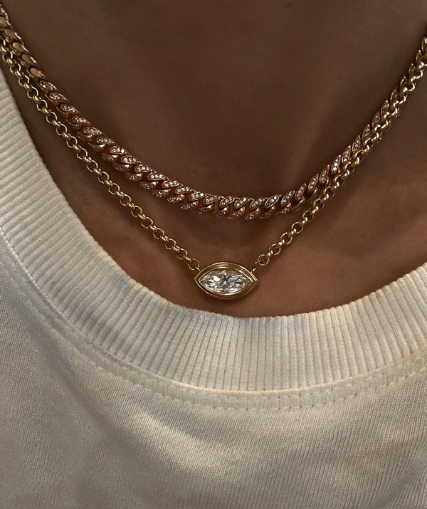 14kt gold two step marquise diamond bezel necklace